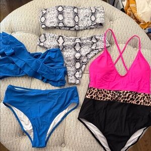 Women's Pink & Black Leopard One-Piece Swimsuit and Blue Bikini Set +cover ups